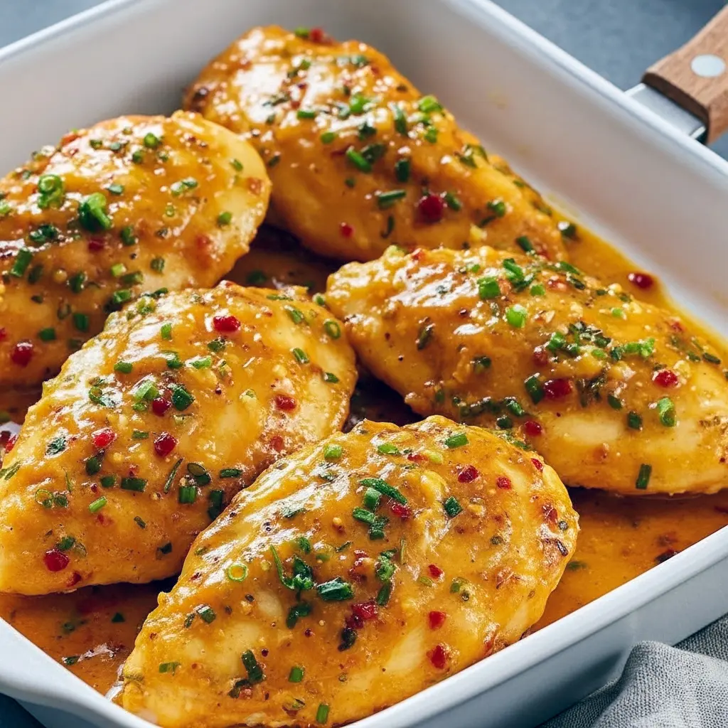 Bang Bang Chicken glazed in a glossy sweet-chili cream sauce, garnished with sliced green onions and served over jasmine rice.