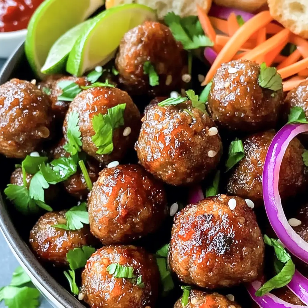 Close-up of glossy Banh Mi Meatballs topped with shredded carrot, cilantro, and sliced jalapeño; a plated example of Vietnamese Meatballs Recipe and savory Vietnamese Meatballs ready to serve.