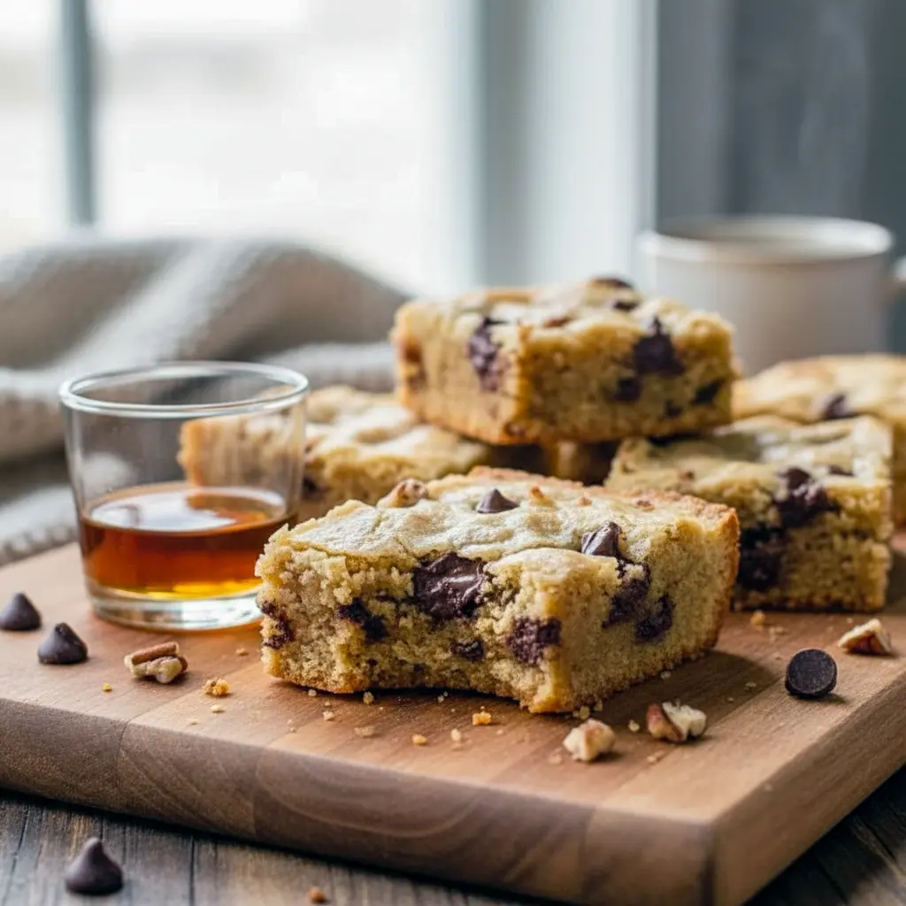 Close-up of warm Bourbon Chocolate Chip Blondies Recipe squares on parchment, gooey chocolate chips visible and a light sprinkle of powdered sugar.