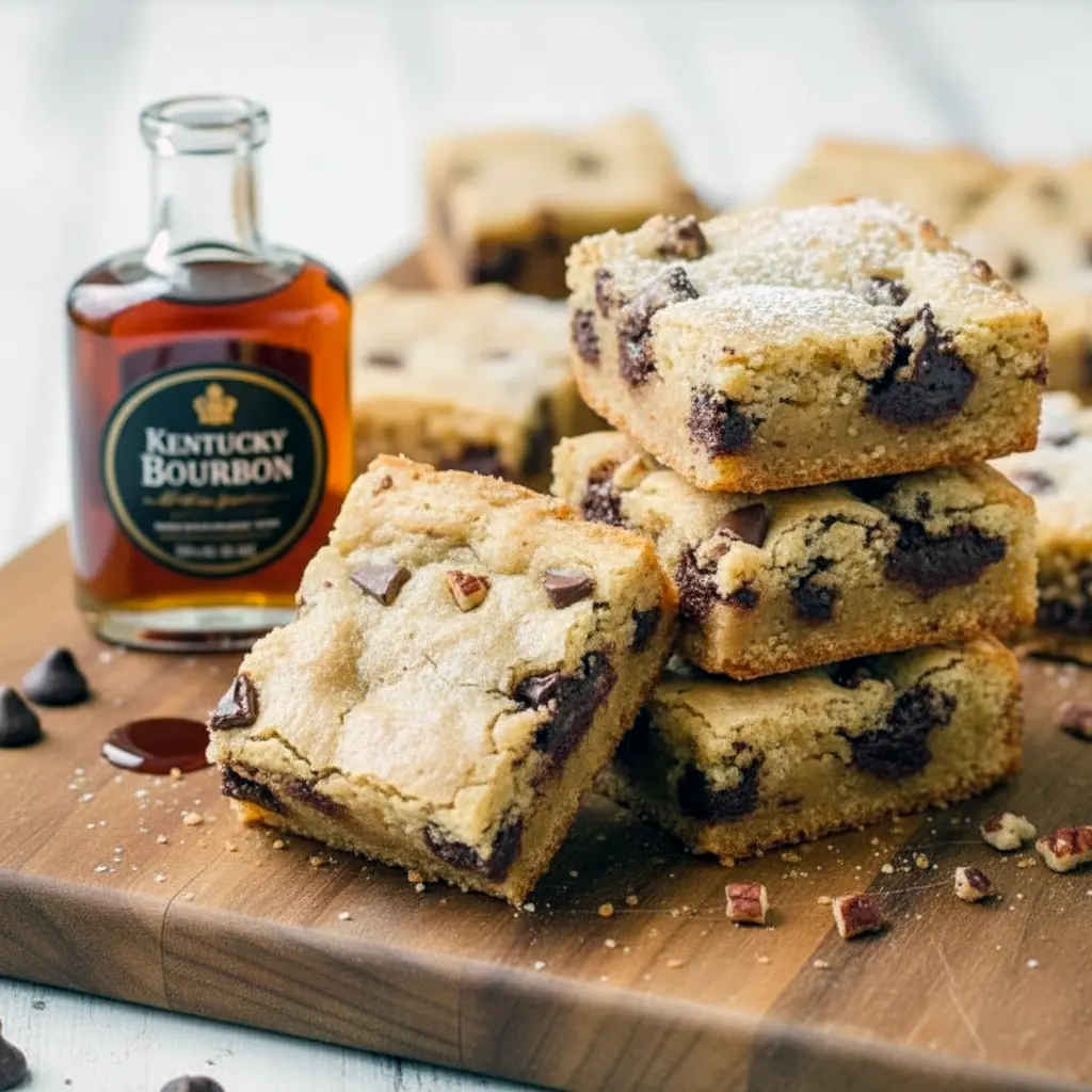 Close-up of warm Bourbon Chocolate Chip Blondies Recipe squares on parchment, gooey chocolate chips visible and a light sprinkle of powdered sugar.