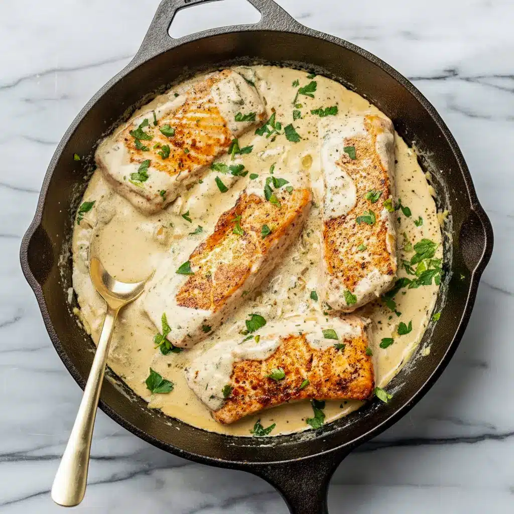 Close-up of golden, pan-seared salmon in a creamy herb sauce over pasta — a delicious Fish And Seafood plate that practically screams I Love Food, Boursin Recipes.