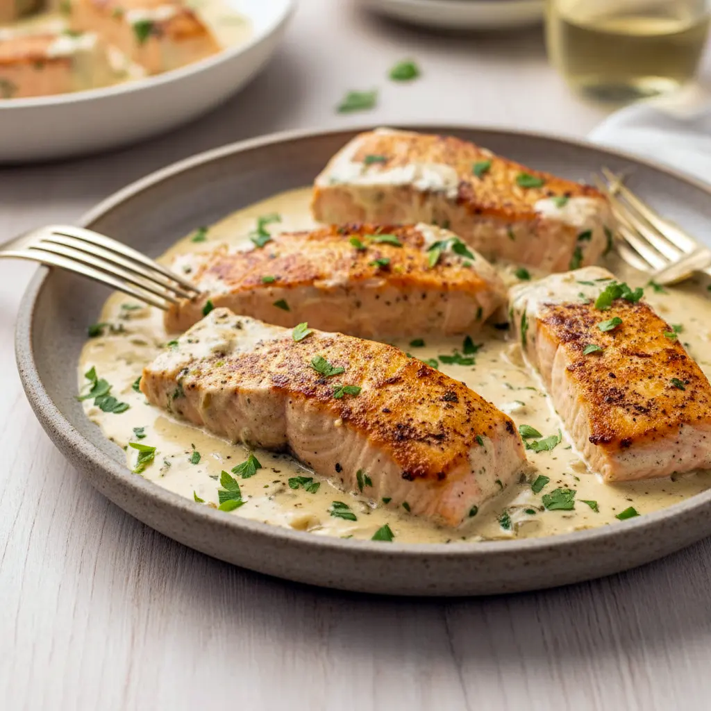 Close-up of golden, pan-seared salmon in a creamy herb sauce over pasta — a delicious Fish And Seafood plate that practically screams I Love Food, Boursin Recipes.