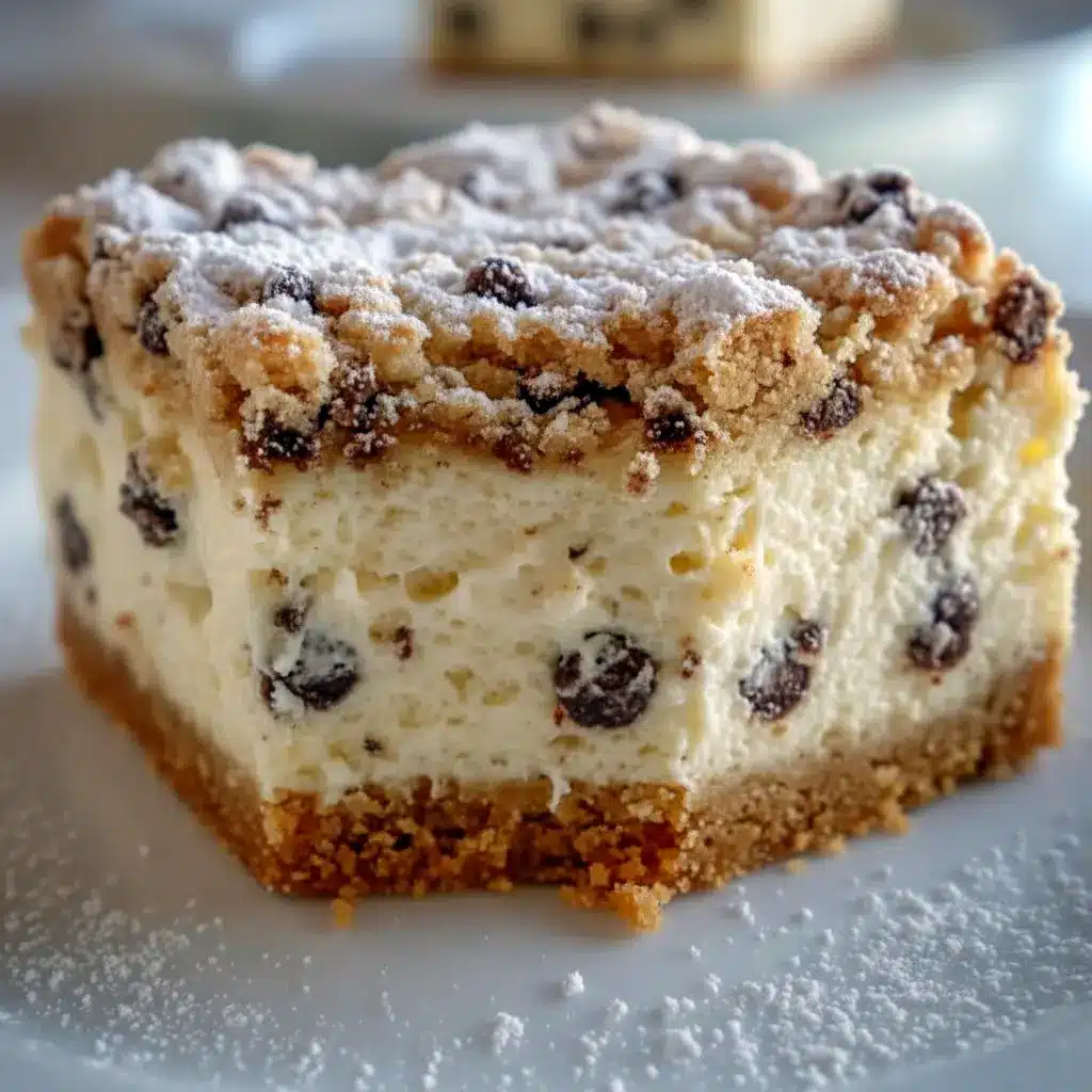 Close-up of powdered-sugar-dusted Cannoli Bars on a wooden board, each square studded with mini chocolate chips and a flaky graham crust—ideal Italian Dinner Dessert Ideas, classic Cannoli Dessert Recipes, and one of the best Easy Italian Desserts For A Crowd, Cannoli Bars Recipe.