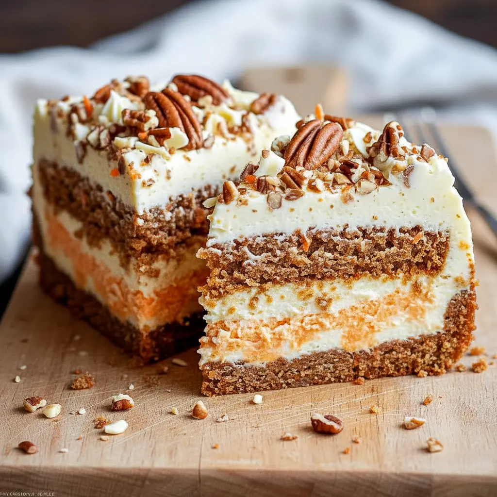 Decadent Cheesecake slice of carrot cake cheesecake on a plate, topped with chopped walnuts and a dollop of whipped cream.