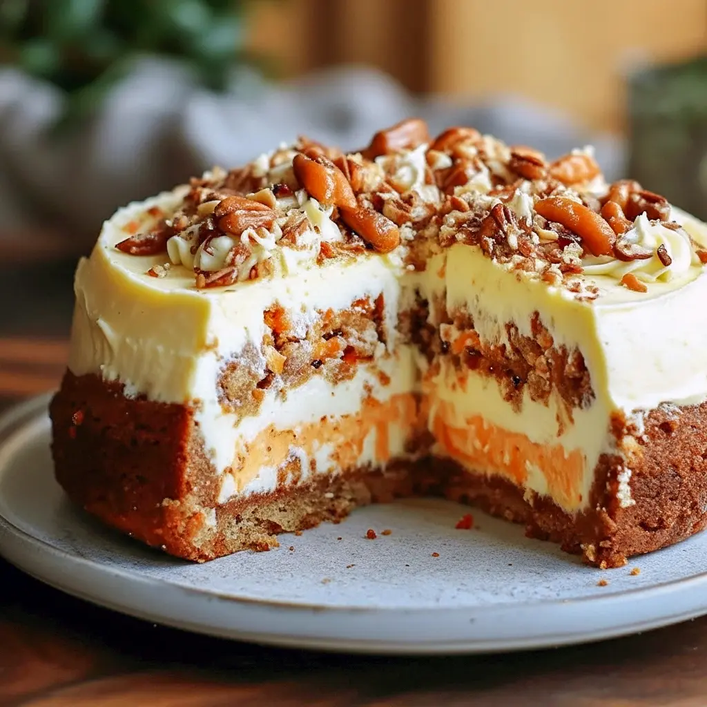 Decadent Cheesecake slice of carrot cake cheesecake on a plate, topped with chopped walnuts and a dollop of whipped cream.