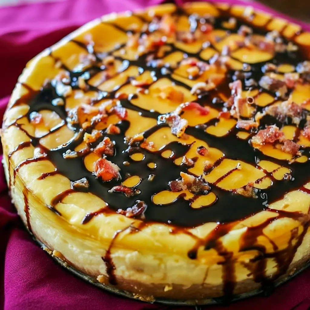 Slice of bourbon-caramel cheesecake on a plate, creamy interior visible, drizzled sauce and chopped crispy bacon on top, fork at the side.
