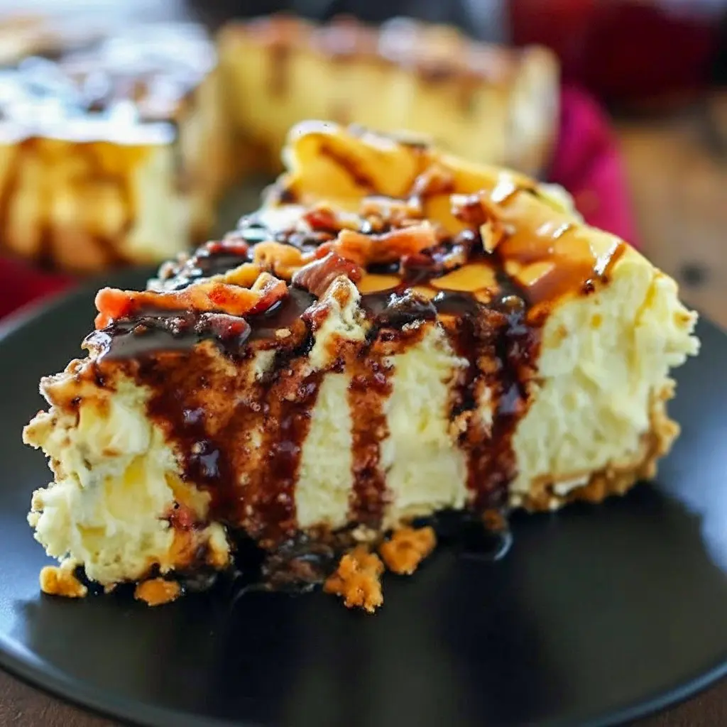 Slice of bourbon-caramel cheesecake on a plate, creamy interior visible, drizzled sauce and chopped crispy bacon on top, fork at the side.