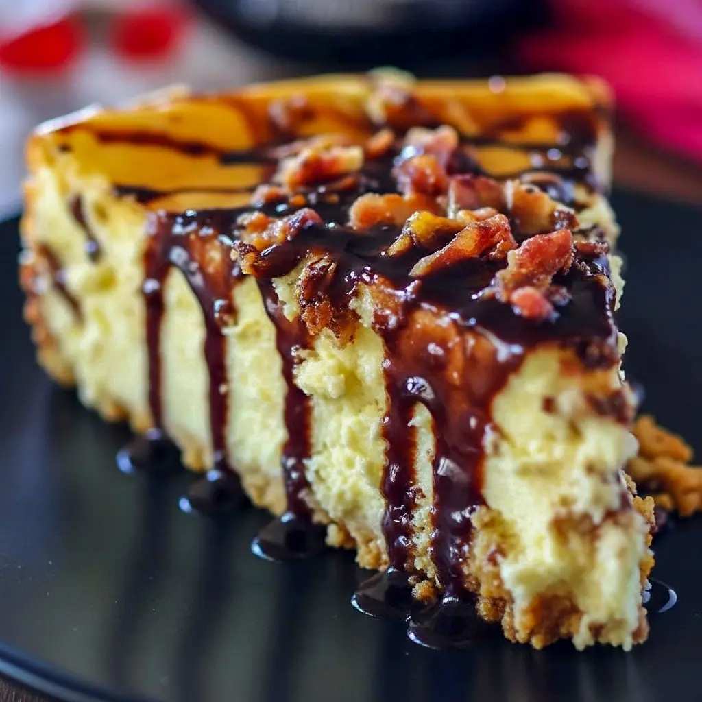 Slice of bourbon-caramel cheesecake on a plate, creamy interior visible, drizzled sauce and chopped crispy bacon on top, fork at the side.