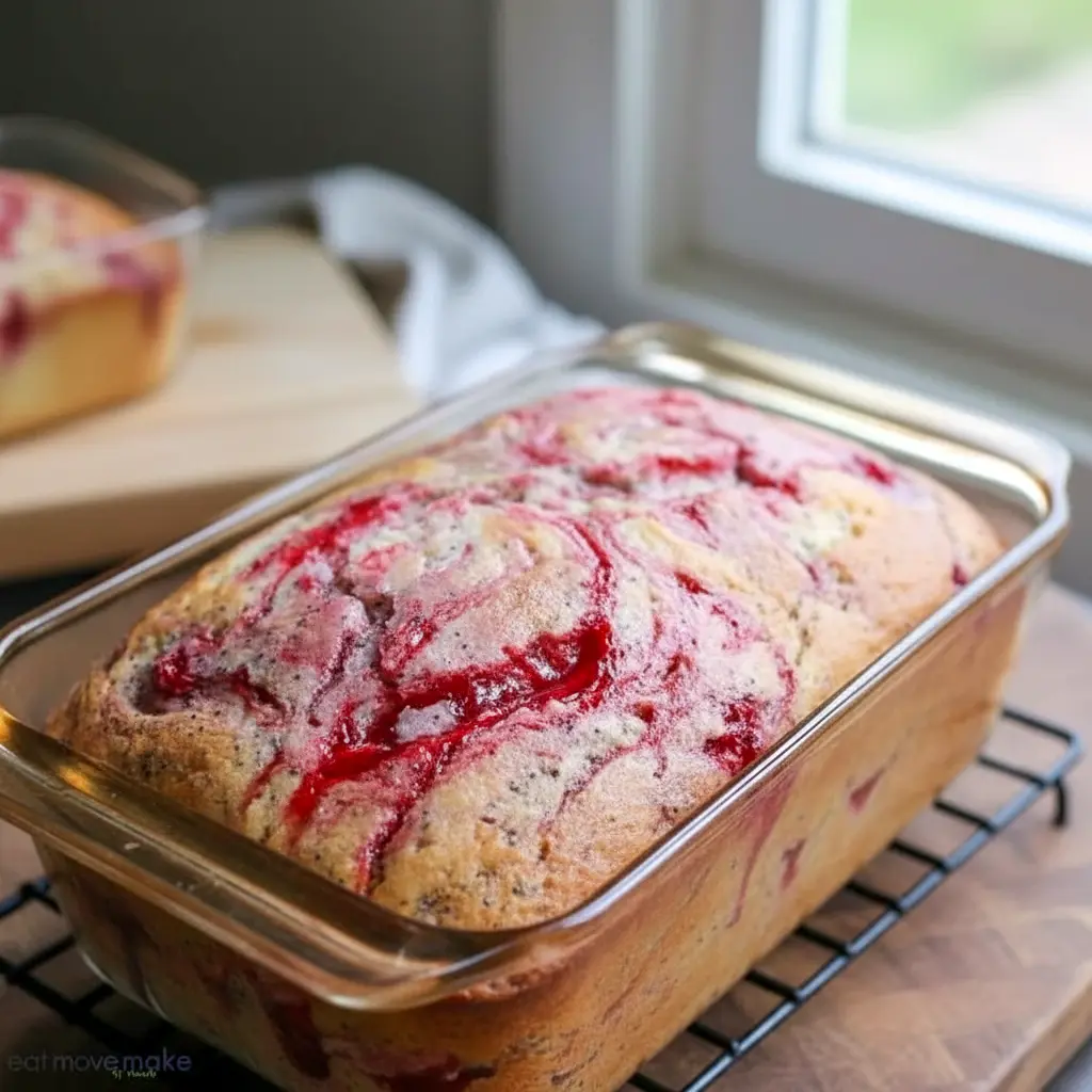 Sliced cherry almond quick bread with cherry swirls, poppy seeds, and sliced almonds on a wooden board.