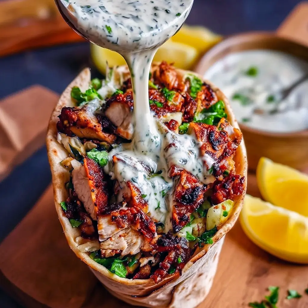 Sliced, charred chicken shawarma drizzled with Chicken Shawarma With Creamy Garlic Sauce and extra Middle Eastern Garlic Sauce, served in a warm pita with tomatoes, cucumbers, and parsley.