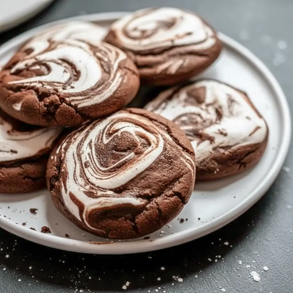 Close-up of a warm chocolate cookie with a glossy marshmallow swirl, stacked on a rustic plate, Marshmallow Swirl Cookies.
