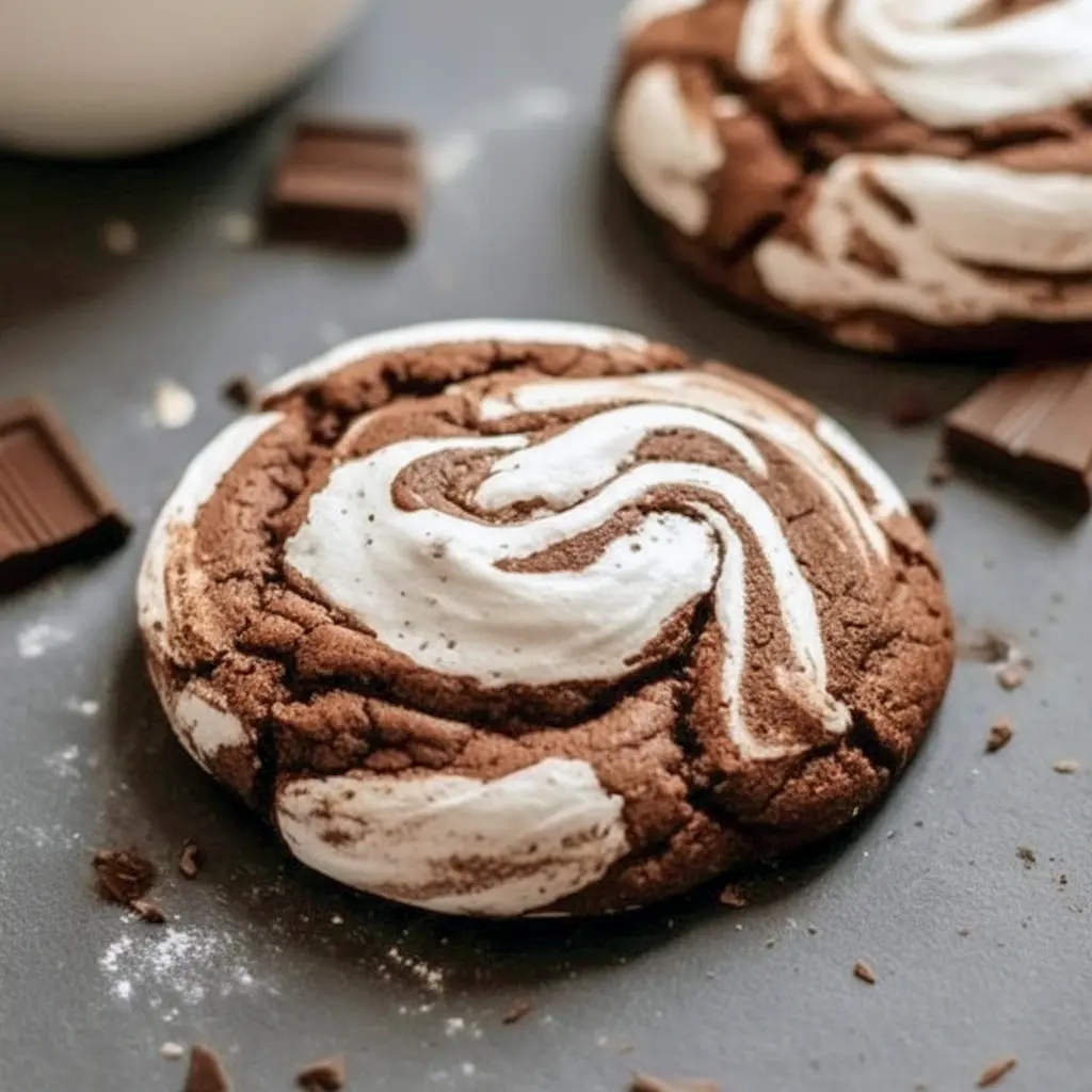 Close-up of a warm chocolate cookie with a glossy marshmallow swirl, stacked on a rustic plate, Marshmallow Swirl Cookies.