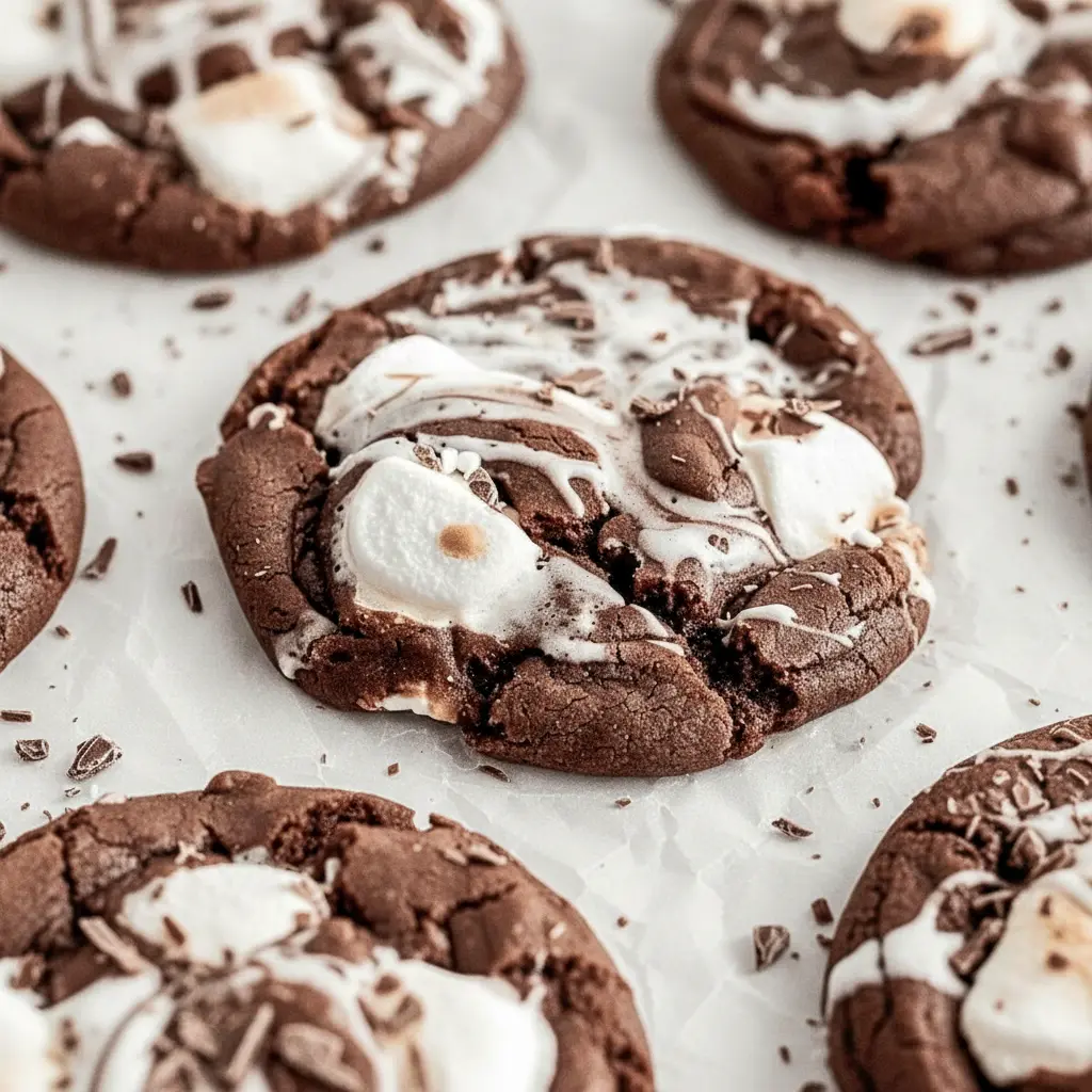 Close-up of a warm chocolate cookie with a glossy marshmallow swirl, stacked on a rustic plate, Marshmallow Swirl Cookies.