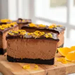 Slice of chocolate orange cheesecake on a white plate, glossy chocolate ganache, a sprinkle of orange zest on top, Oreo crust visible, dollop of whipped cream and a fork at the side.