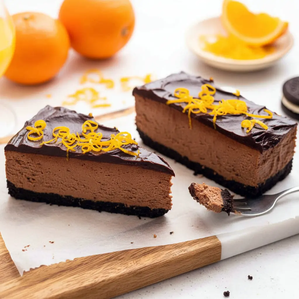 Slice of chocolate orange cheesecake on a white plate, glossy chocolate ganache, a sprinkle of orange zest on top, Oreo crust visible, dollop of whipped cream and a fork at the side.