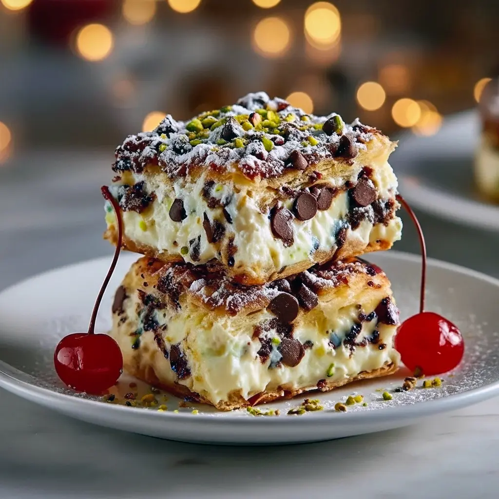 Overhead of golden-baked cannoli squares cut into neat pieces, showing creamy ricotta filling studded with mini chocolate chips and topped with chopped pistachios on a serving board, Cannoli Bars Recipe.