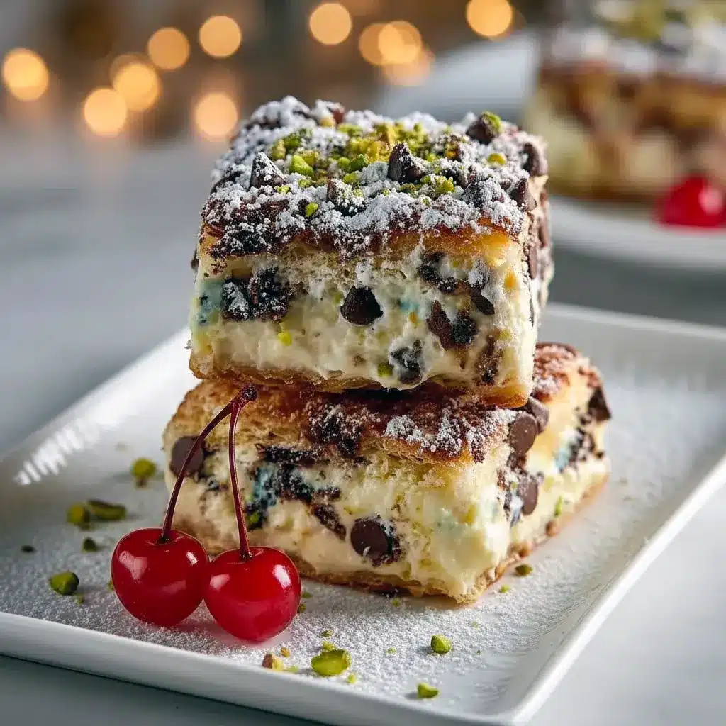 Overhead of golden-baked cannoli squares cut into neat pieces, showing creamy ricotta filling studded with mini chocolate chips and topped with chopped pistachios on a serving board, Cannoli Bars Recipe.