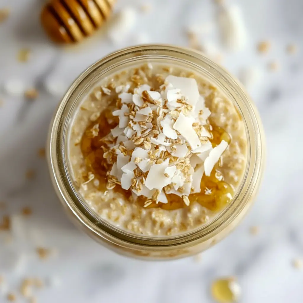 Mason jar of Coconut Cream Pie overnight oats topped with shredded coconut and toasted flakes, spoon lifting a silky bite — a twist on Rice Pudding Overnight Oats and perfect for Recipes With Cream Of Coconut, also doable as Vanilla Coconut Overnight Oats, a cheeky Copycat Oats Overnight, or a simple Overnight Coconut Oatmeal Recipe, Diy Overnight Oats.
