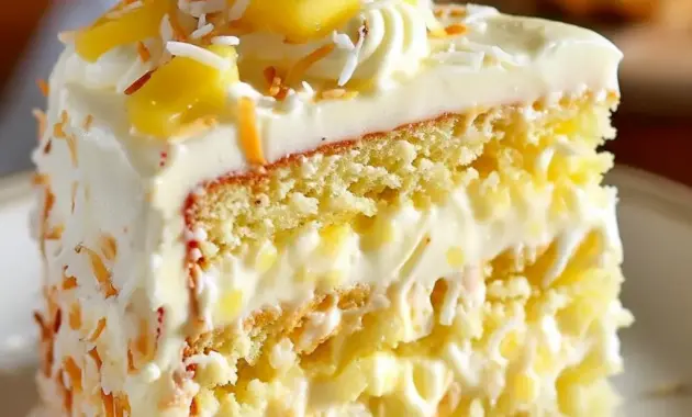 Coconut Pineapple Dream Cake Recipe — slice of golden cake topped with shredded toasted coconut, pineapple chunks, and creamy coconut frosting on a white plate.