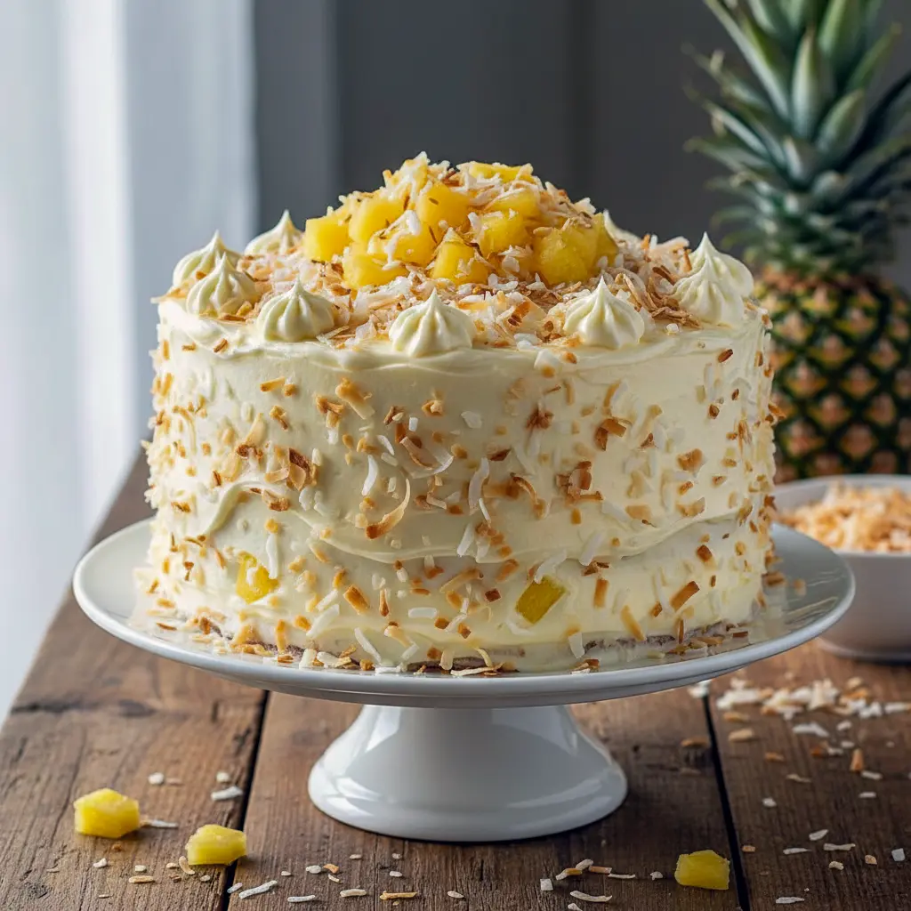 Coconut Pineapple Dream Cake Recipe — slice of golden cake topped with shredded toasted coconut, pineapple chunks, and creamy coconut frosting on a white plate.