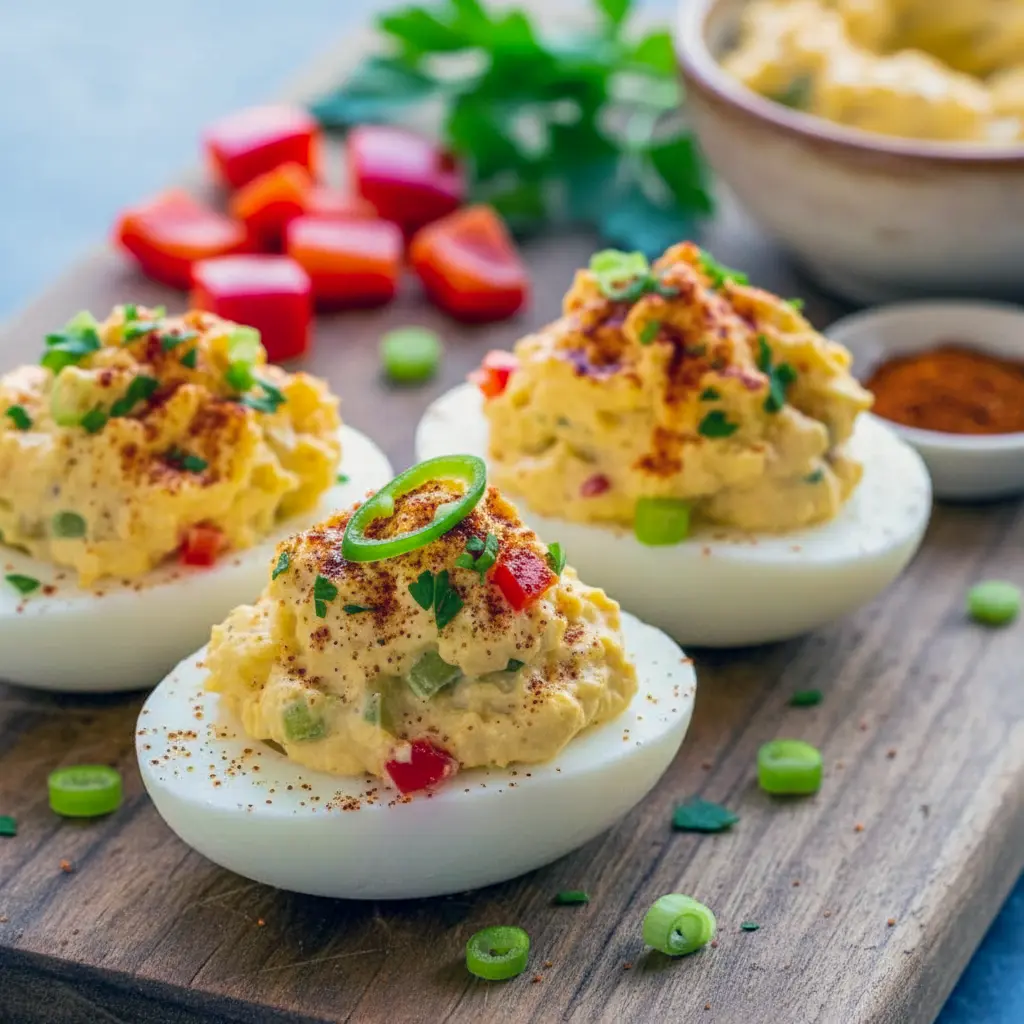 Platter of Creamy Cajun Deviled Eggs — halved eggs filled with a creamy, orange-tinted filling, garnished with chopped green onion and a sprinkle of Cajun seasoning.