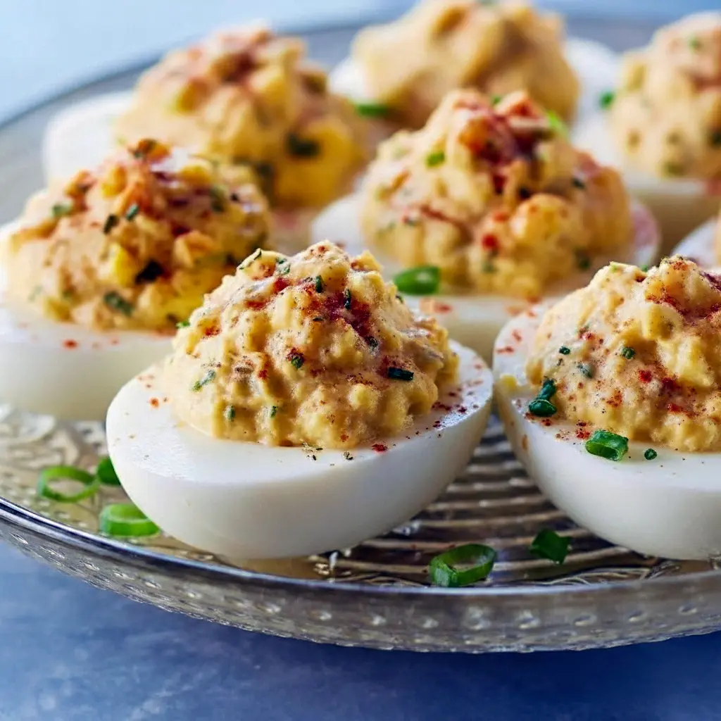 Platter of Creamy Cajun Deviled Eggs — halved eggs filled with a creamy, orange-tinted filling, garnished with chopped green onion and a sprinkle of Cajun seasoning.