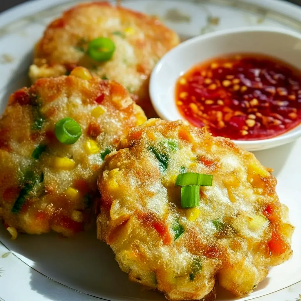 Golden, pan-fried seafood patties stacked on a plate, garnished with scallions and served with a small bowl of tangy dipping sauce, Shrimp Cakes.
