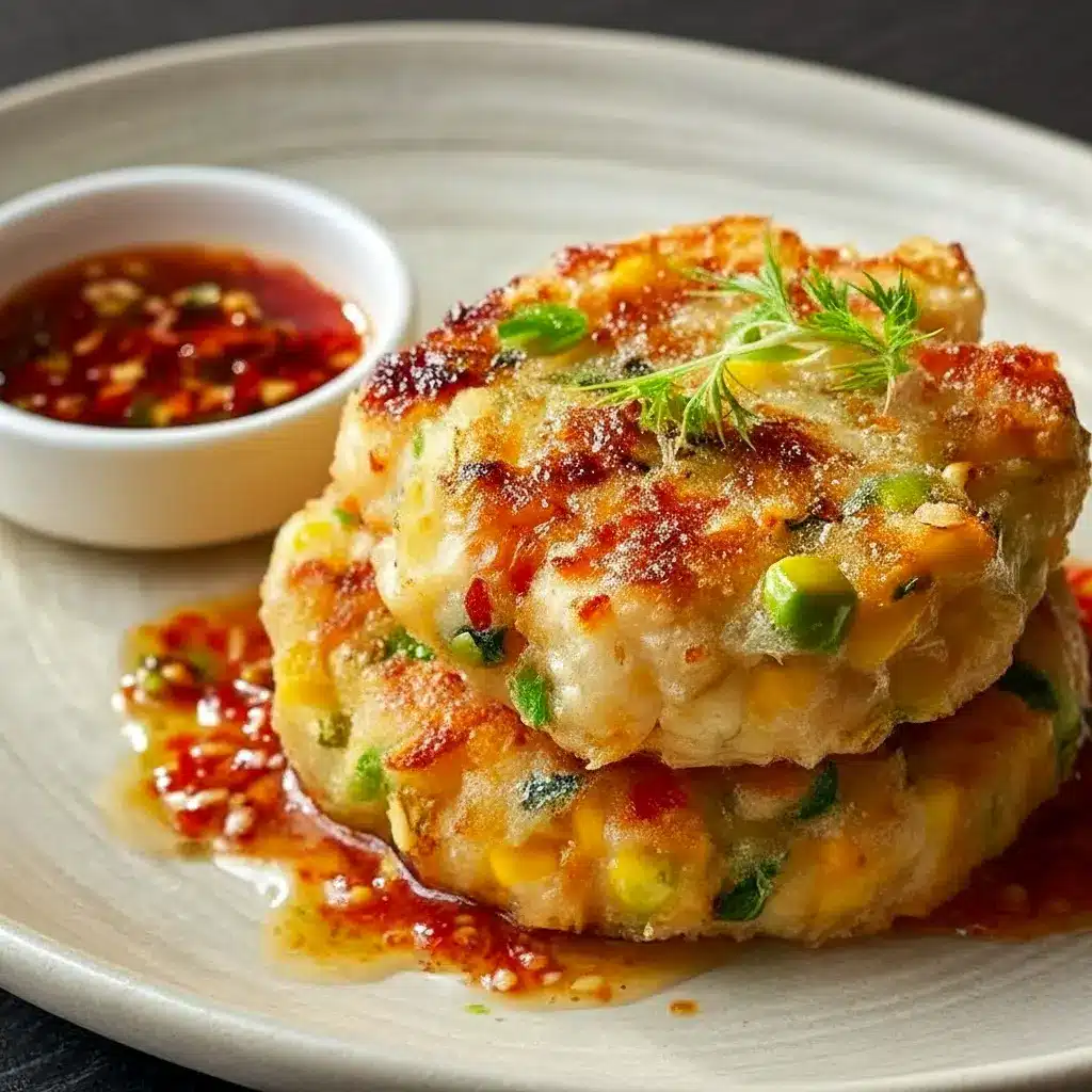 Golden, pan-fried seafood patties stacked on a plate, garnished with scallions and served with a small bowl of tangy dipping sauce, Shrimp Cakes.