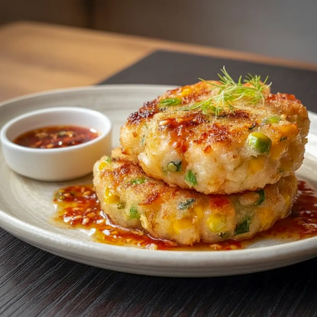 Golden, pan-fried seafood patties stacked on a plate, garnished with scallions and served with a small bowl of tangy dipping sauce, Shrimp Cakes.