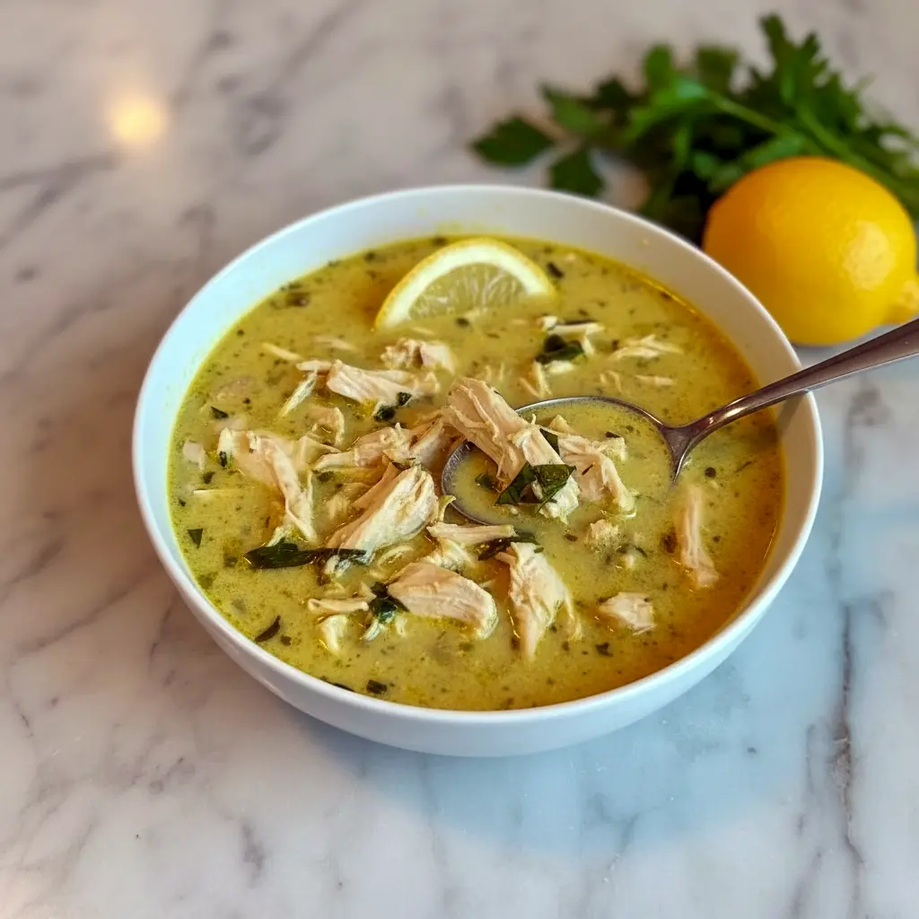 Bowl of Thai Ginger Chicken Soup with shredded chicken, sliced bell pepper, spinach, cilantro, and a lime wedge.
