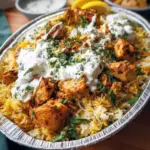 Golden-browned chicken breasts on a bed of seasoned rice, topped with creamy tzatziki and a sprinkle of fresh dill, Easy Summer Dinners.