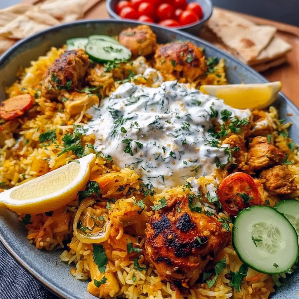 Golden-browned chicken breasts on a bed of seasoned rice, topped with creamy tzatziki and a sprinkle of fresh dill, Easy Summer Dinners.