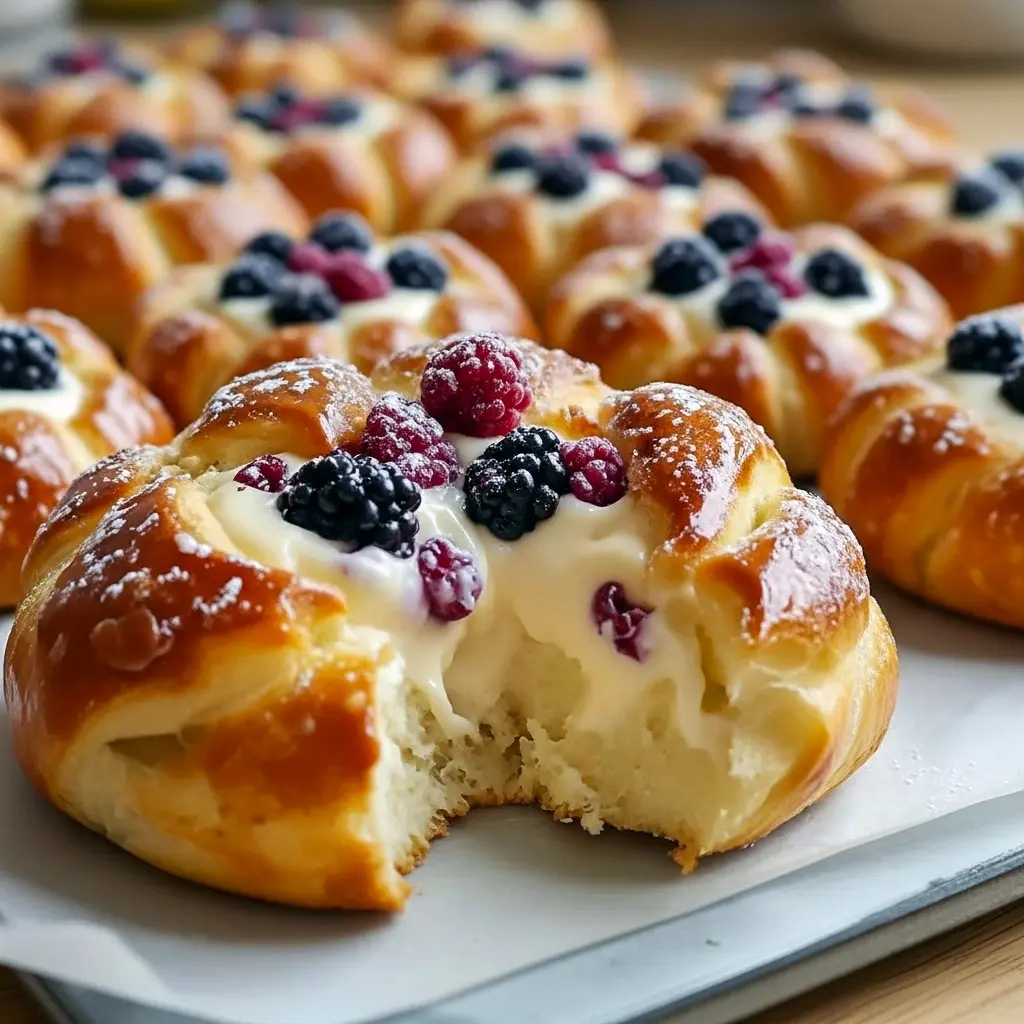 Vanilla Cheesecake Danish carnival bun with blueberry compote and a dusting of powdered sugar on a white plate.