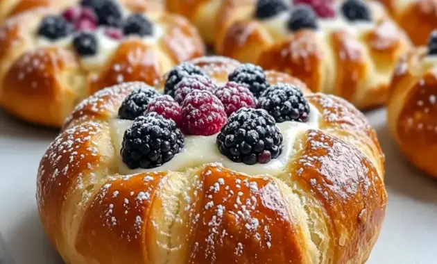 Vanilla Cheesecake Danish carnival bun with blueberry compote and a dusting of powdered sugar on a white plate.