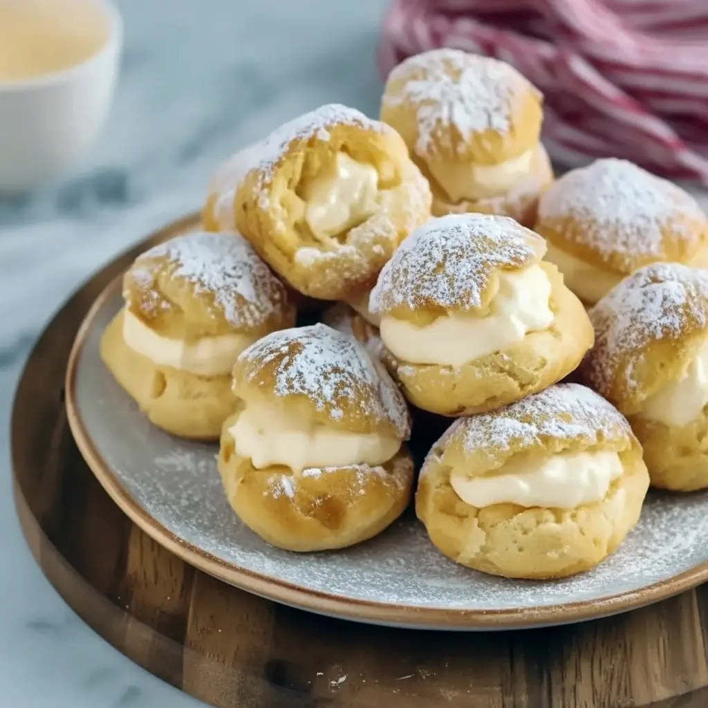 Golden Eggnog Cream Puffs filled with eggnog pastry cream, dusted with powdered sugar and a sprinkle of nutmeg on a holiday platter.