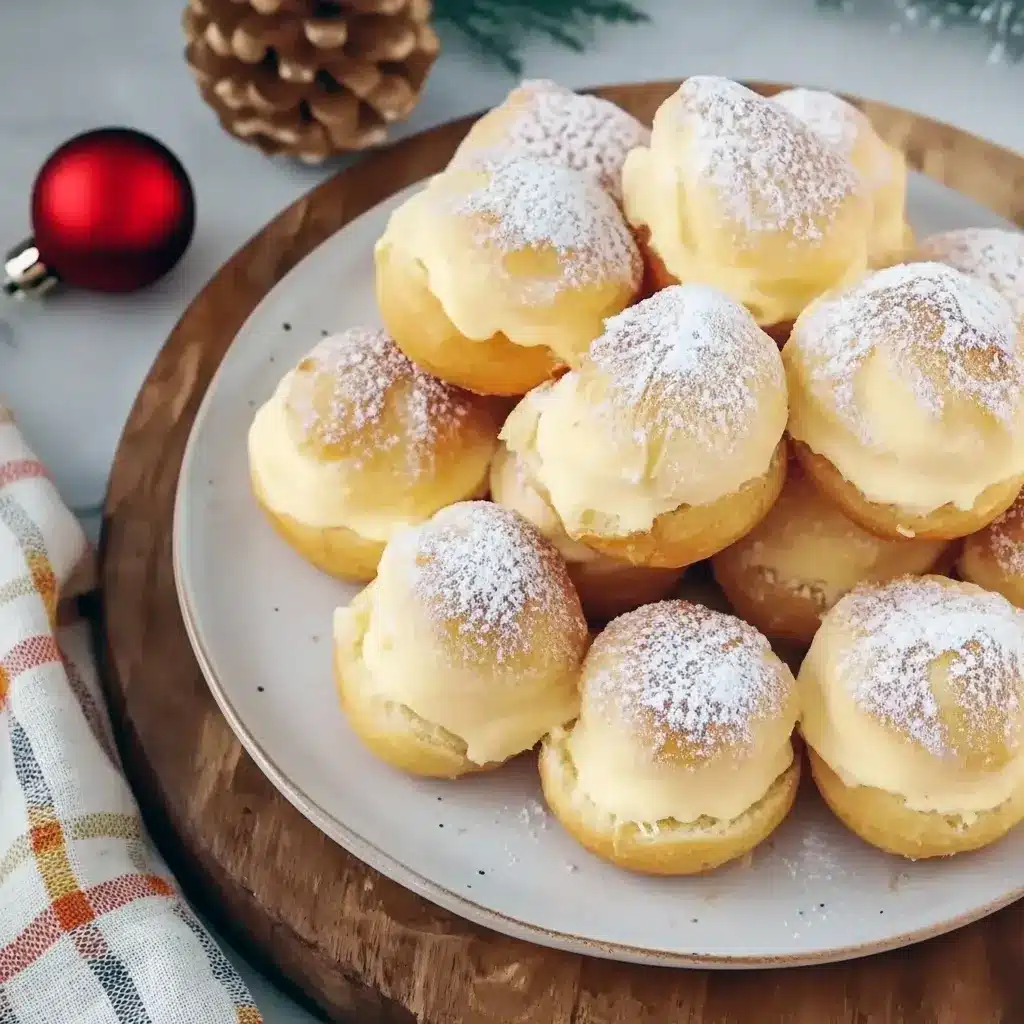 Golden Eggnog Cream Puffs filled with eggnog pastry cream, dusted with powdered sugar and a sprinkle of nutmeg on a holiday platter.