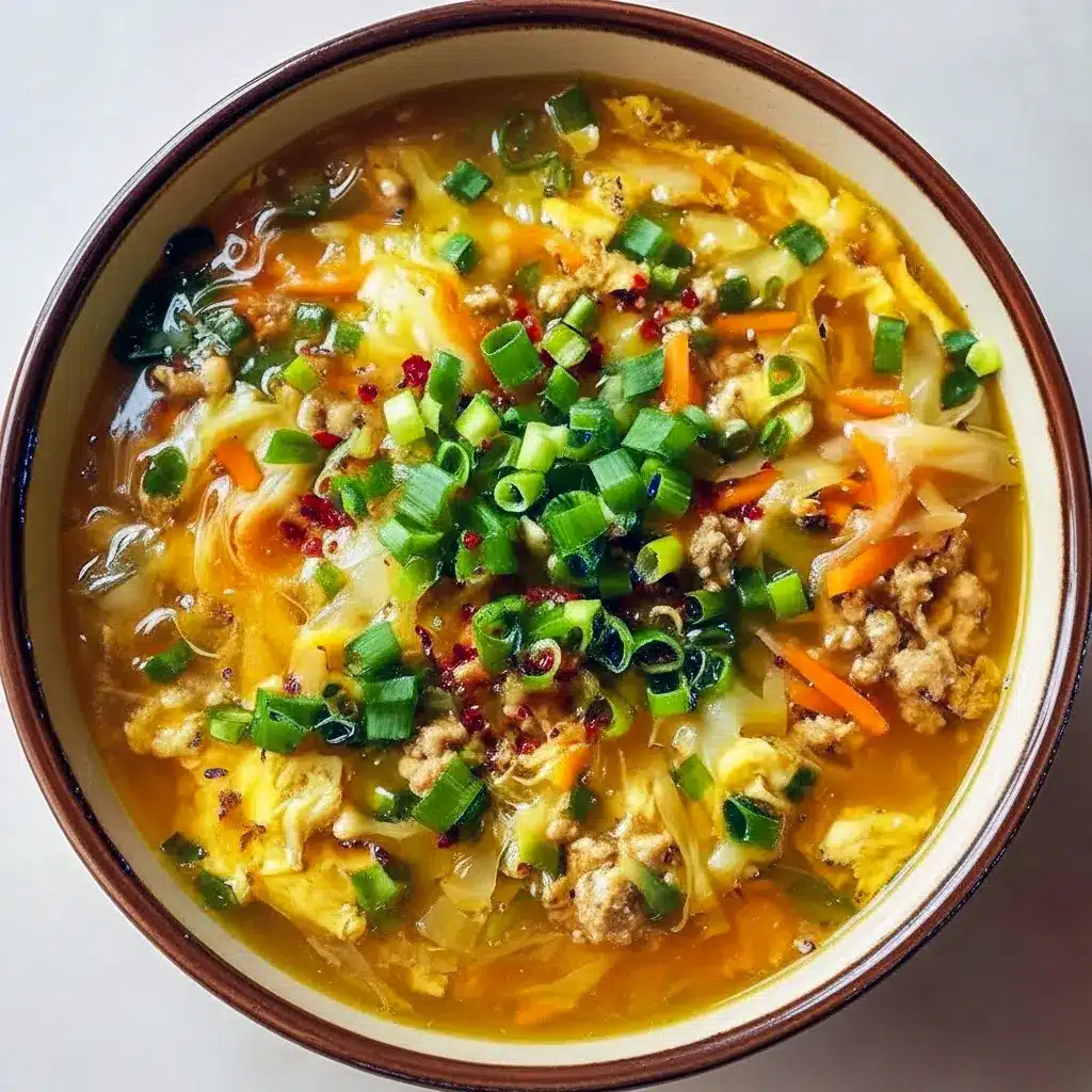 Steaming bowl of egg roll soup with ground pork, shredded cabbage, green onions, and ginger — a simple One Pot Healthy Dinner and an inviting example of Hearty Healthy Soups.