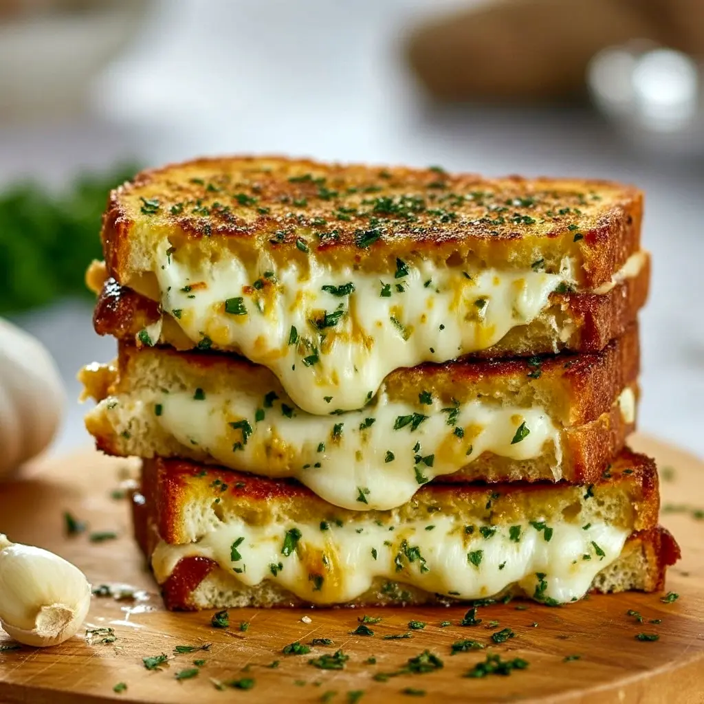 Close-up of a golden garlic-butter grilled cheese, gooey mozzarella and cheddar stretching between two halves, served with a bowl of tomato soup and a sprinkle of parsley, Grilled Cheese Recipes.