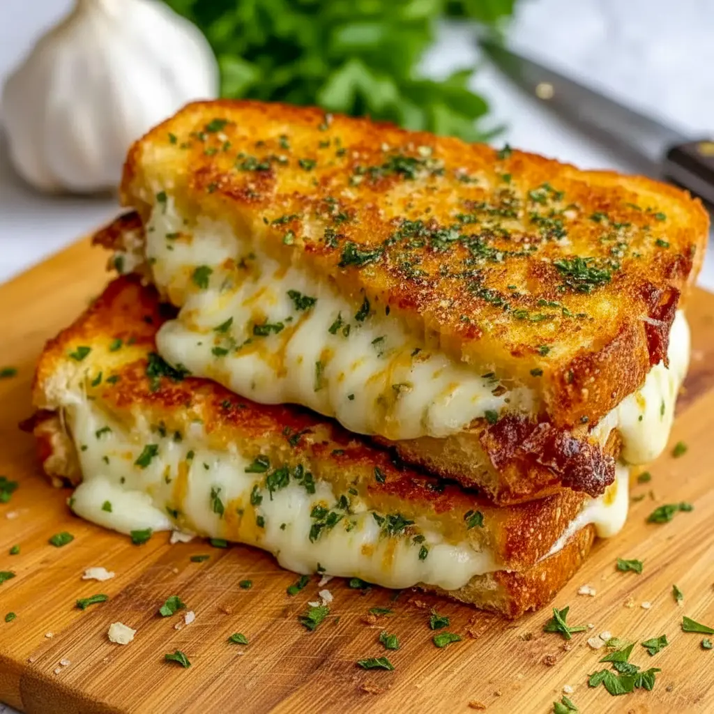 Close-up of a golden garlic-butter grilled cheese, gooey mozzarella and cheddar stretching between two halves, served with a bowl of tomato soup and a sprinkle of parsley, Grilled Cheese Recipes.
