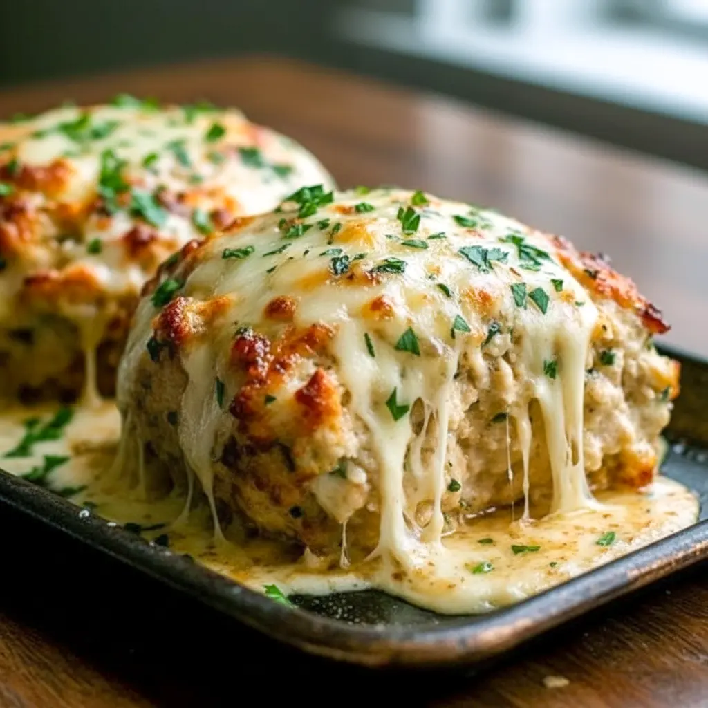 Close-up of golden Garlic Parmesan Chicken mini loaves with melted cheese and chopped parsley on a baking sheet, showing crispy edges and a tender interior.