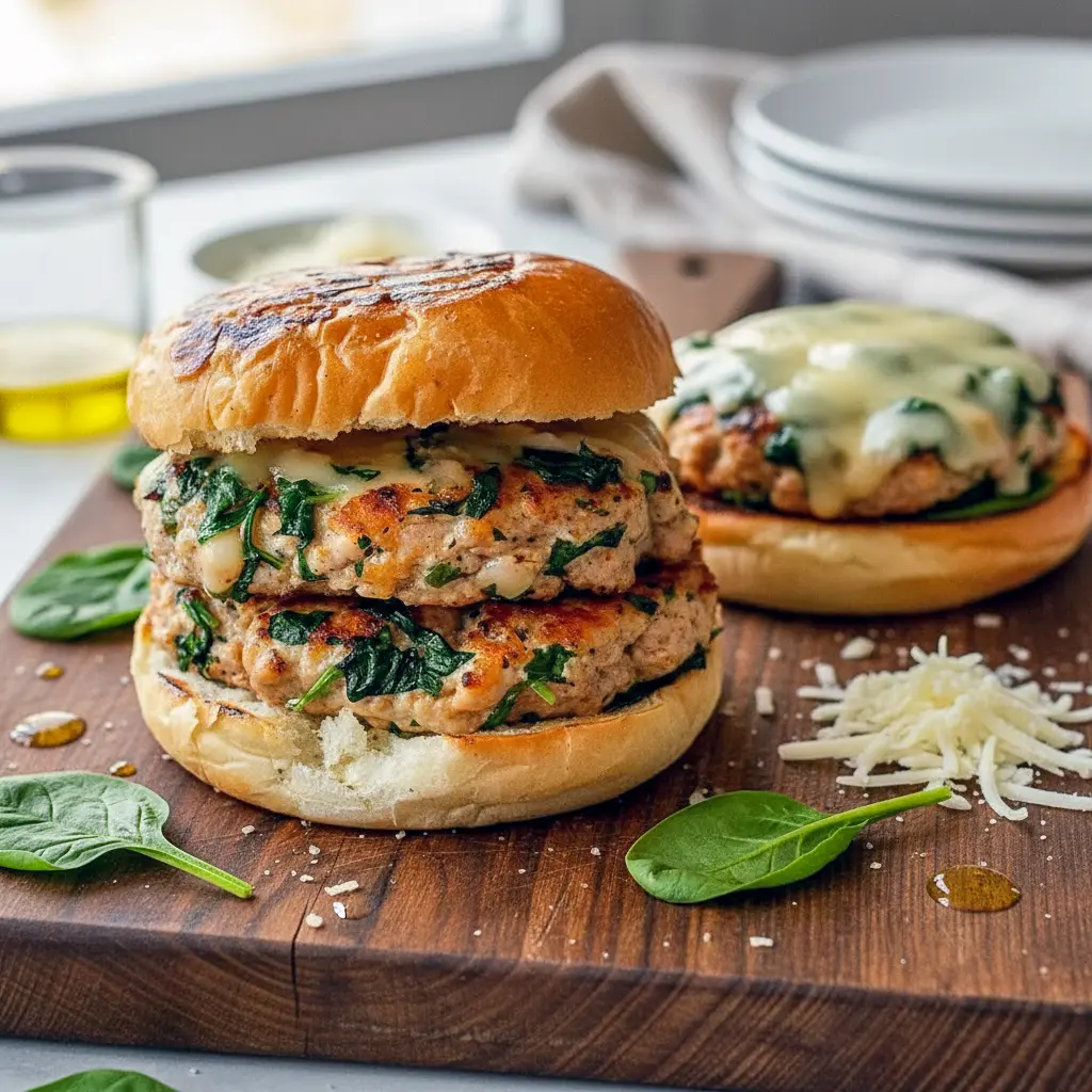 Close-up of Healthy Spinach Chicken Burgers on toasted buns with melted white cheddar and fresh spinach, ready to eat.