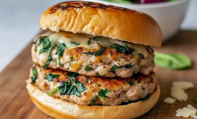 Close-up of Healthy Spinach Chicken Burgers on toasted buns with melted white cheddar and fresh spinach, ready to eat.