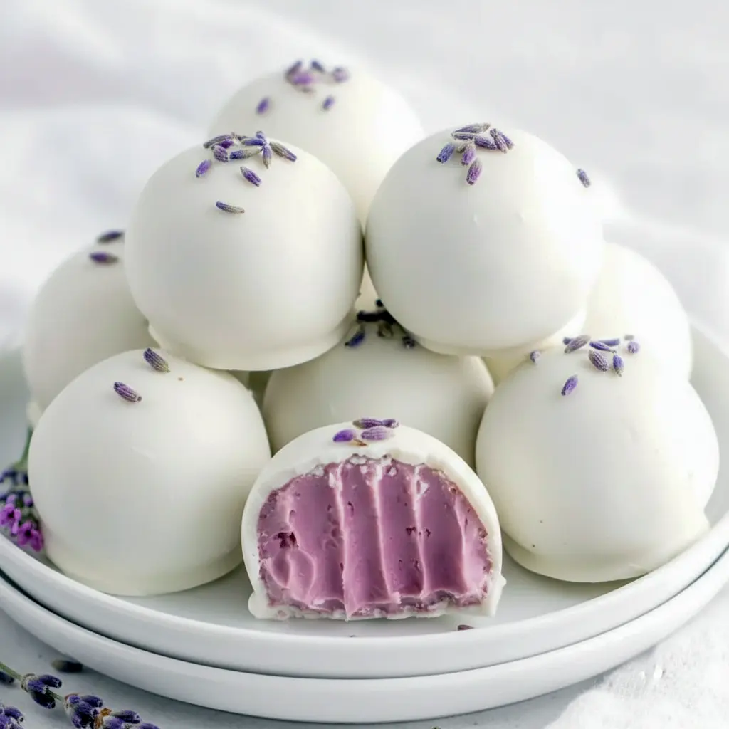 Close-up of glossy white chocolate Chocolate Truffles dusted with dried lavender and a light honey drizzle, arranged on parchment for a delicate spring dessert.