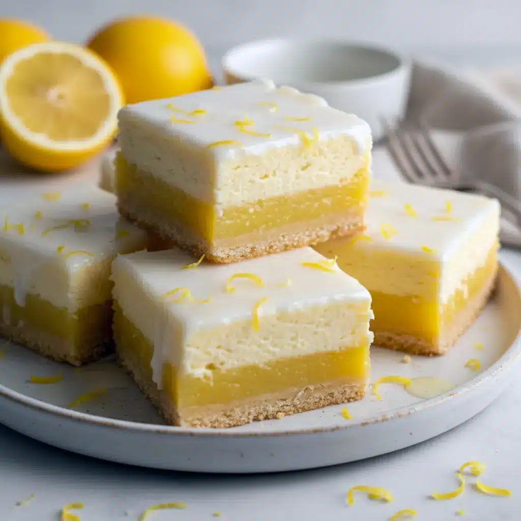 Lemon Cheesecake bar sliced on parchment, showing a creamy lemon layer over a cheesecake topping and golden crust, dusted with powdered sugar — elegant Cheesecake Bar ready to serve.