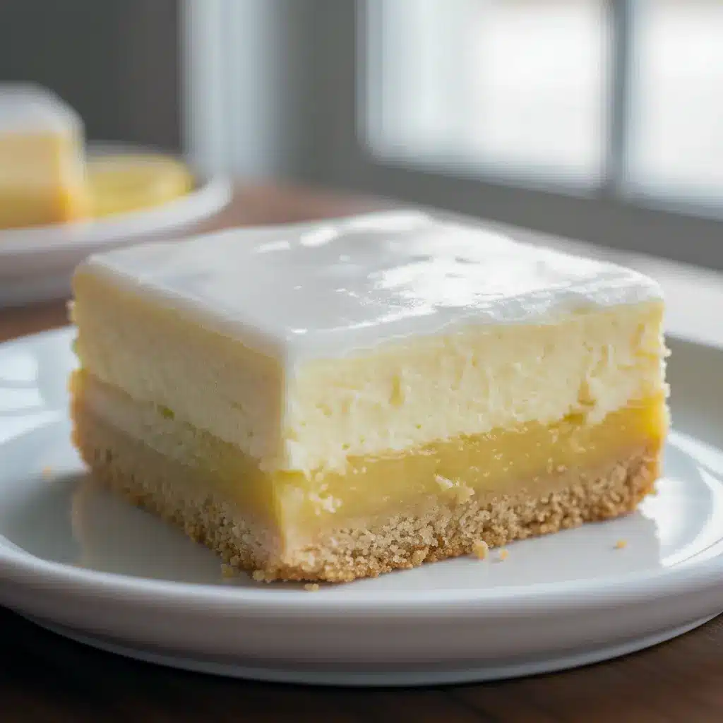 Lemon Cheesecake bar sliced on parchment, showing a creamy lemon layer over a cheesecake topping and golden crust, dusted with powdered sugar — elegant Cheesecake Bar ready to serve.