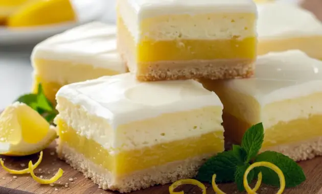 Lemon Cheesecake bar sliced on parchment, showing a creamy lemon layer over a cheesecake topping and golden crust, dusted with powdered sugar — elegant Cheesecake Bar ready to serve.