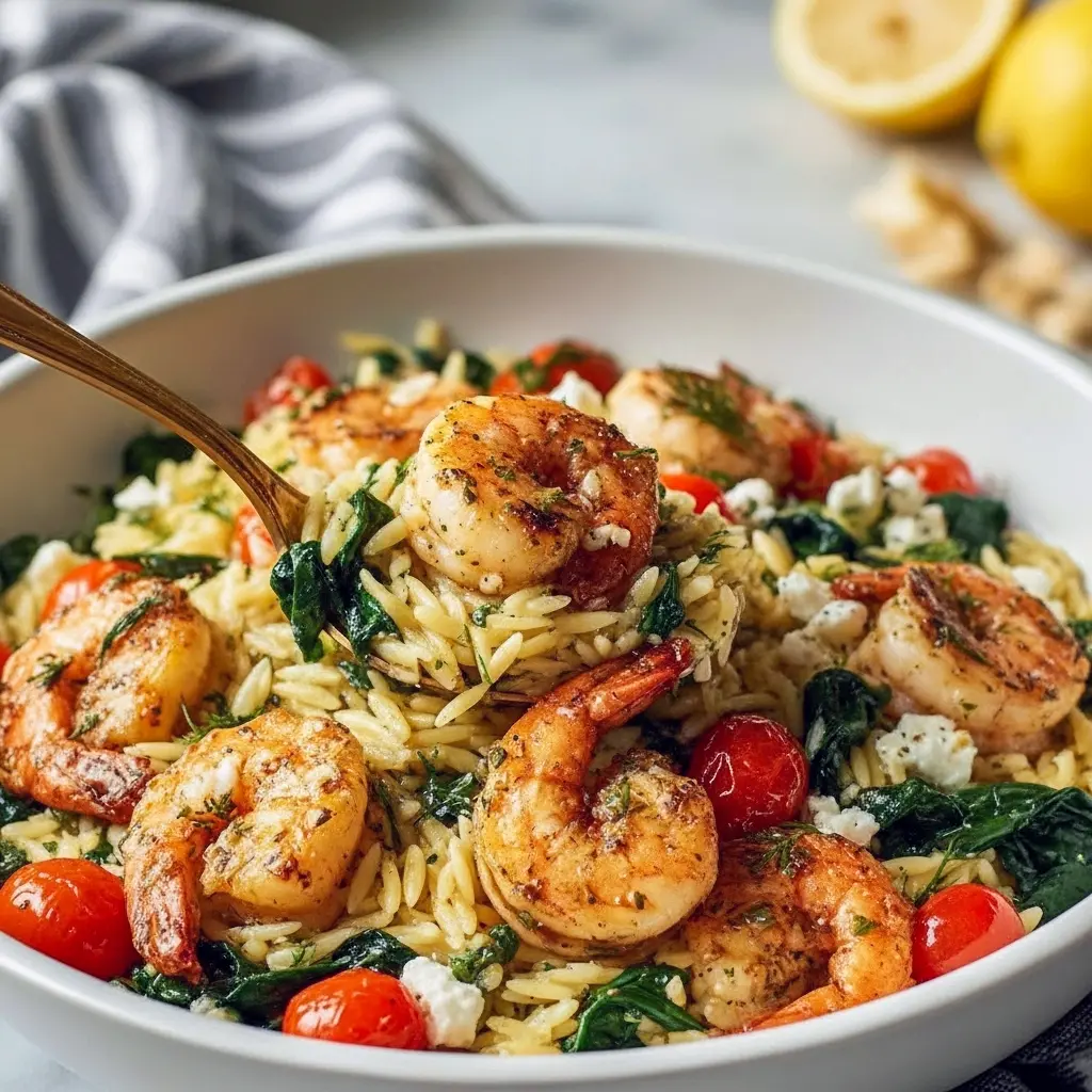 Bowl of lemon-feta orzo topped with roasted shrimp, halved cherry tomatoes, crumbled feta, and chopped dill, garnished with lemon wedges, Summer Dinner.