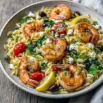 Bowl of lemon-feta orzo topped with roasted shrimp, halved cherry tomatoes, crumbled feta, and chopped dill, garnished with lemon wedges, Summer Dinner.