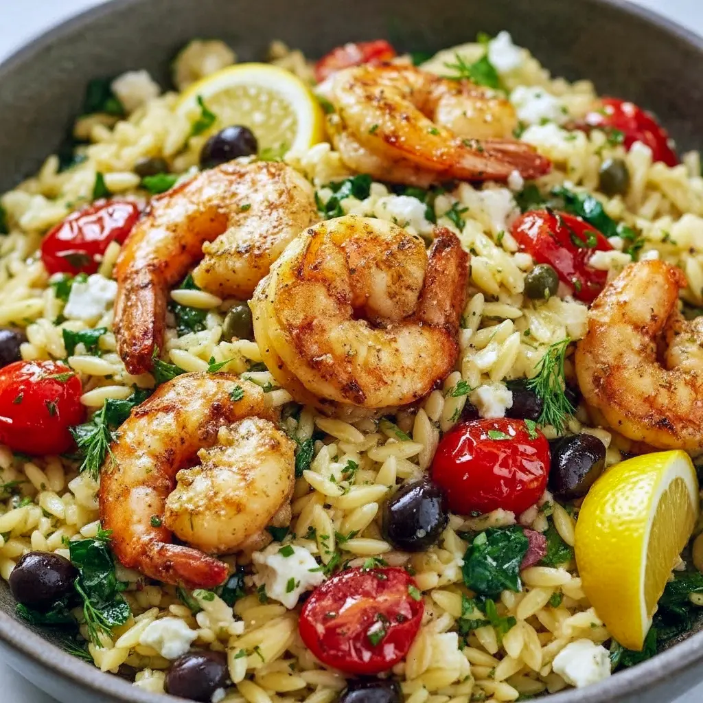 Bowl of lemon-feta orzo topped with roasted shrimp, halved cherry tomatoes, crumbled feta, and chopped dill, garnished with lemon wedges, Summer Dinner.