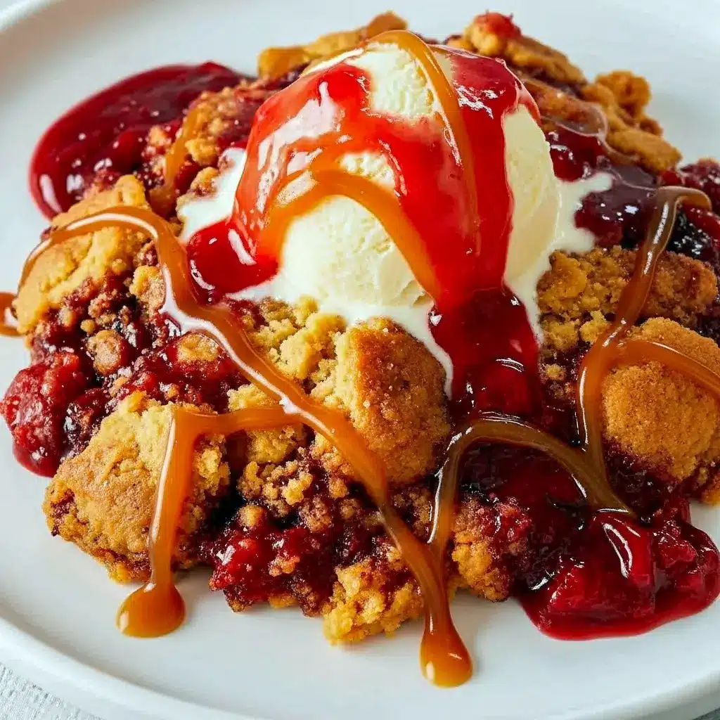 Golden peanut butter cookie-topped cobbler bubbling with strawberry filling in a glass 9×13 pan, served with a melting scoop of vanilla ice cream, Peanut Butter And Jelly Cobbler.